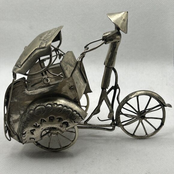 Handcrafted Other - Rickshaw Figure Asian Silver Tone Metal Folk Art Vintage Pedicab Hand Crafted